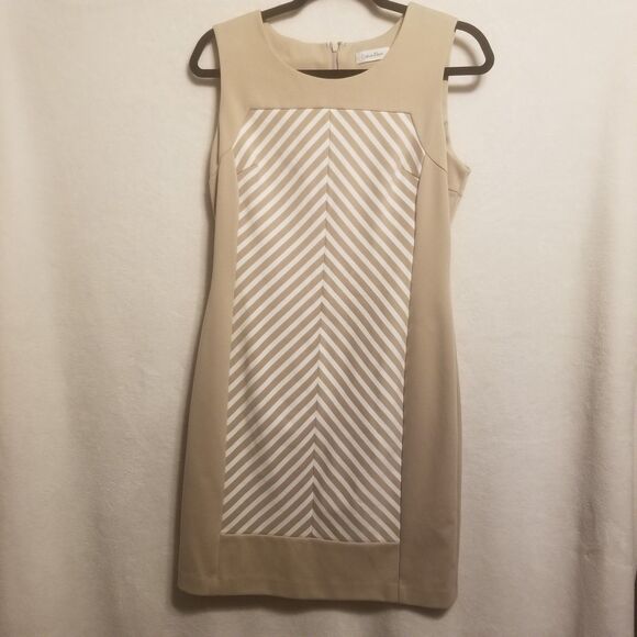 Calvin Klein 10 Dress Knee Length Sleeveless Striped Sheath Beige & White Career - Picture 1 of 8